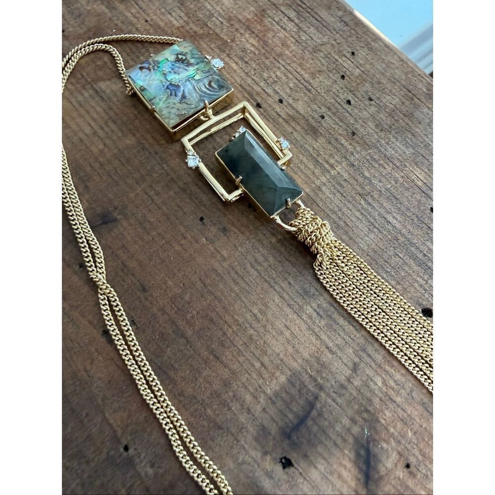 Alexis Bittar 10k Gold Fringe Labradorite Abalone Pendant Statement Necklace - Picture 4 of 8
